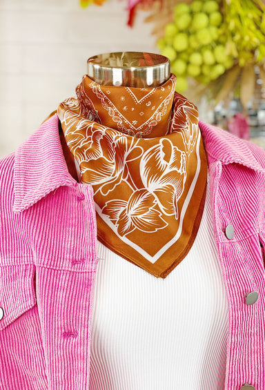 Charlee Bandana Neck Scarf in Brown, brown silk bandana, floral and paisley design 