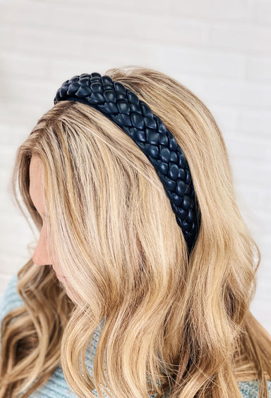Faux Leather Braided Headband, black faux leather headband with braided detailing