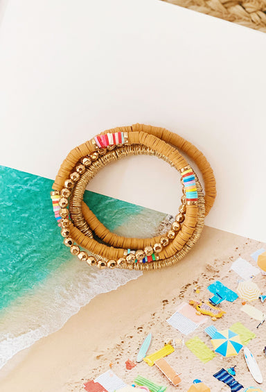 Pima Stretch Bracelets in Camel, 4 set tan bracelet set with multicolored discs