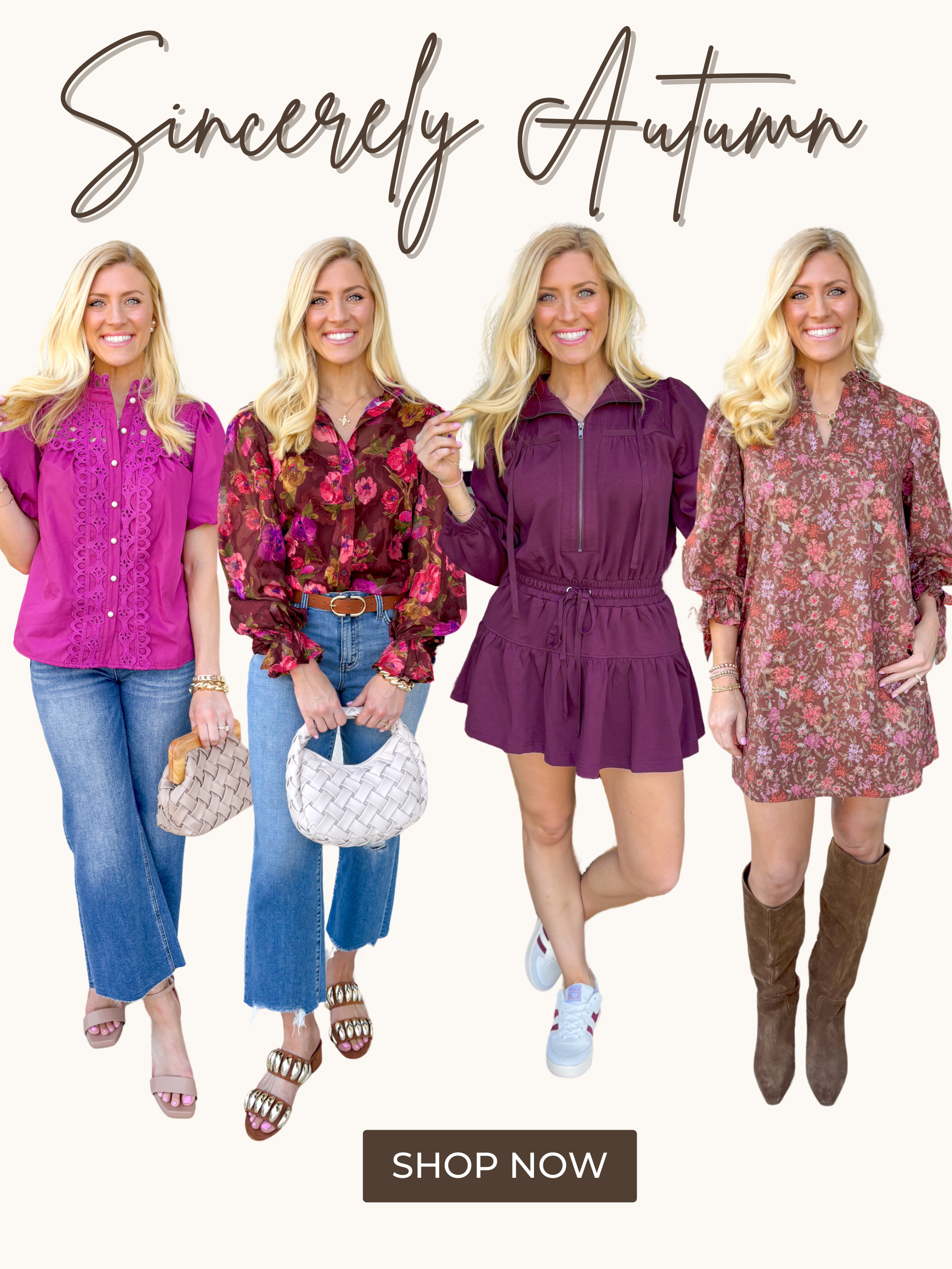 "Sincerely Autumn" eight fall style outfits featuring floral, lace, jacquard fabric, flannel, & sweater. Colors featured are fuchsia, olive, cognac, grey, brown, orange, plum, & red