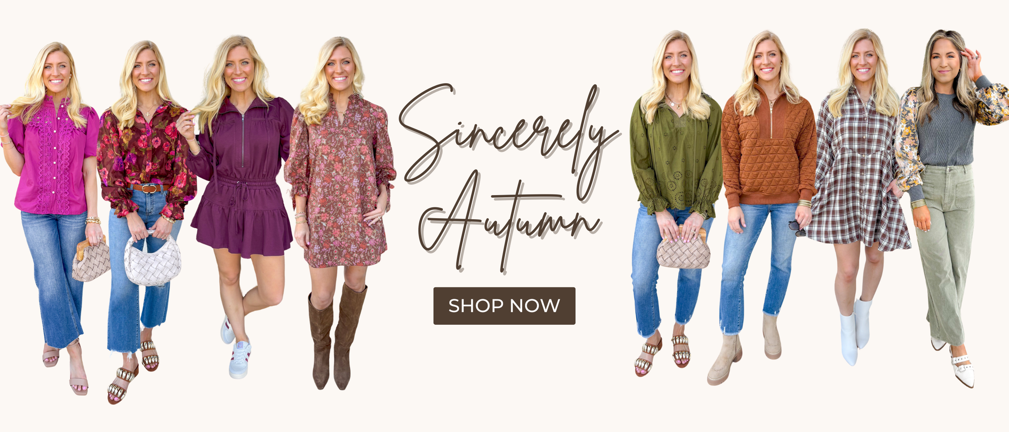 "Sincerely Autumn" eight fall style outfits featuring floral, lace, jacquard fabric, flannel, & sweater. Colors featured are fuchsia, olive, cognac, grey, brown, orange, plum, & red