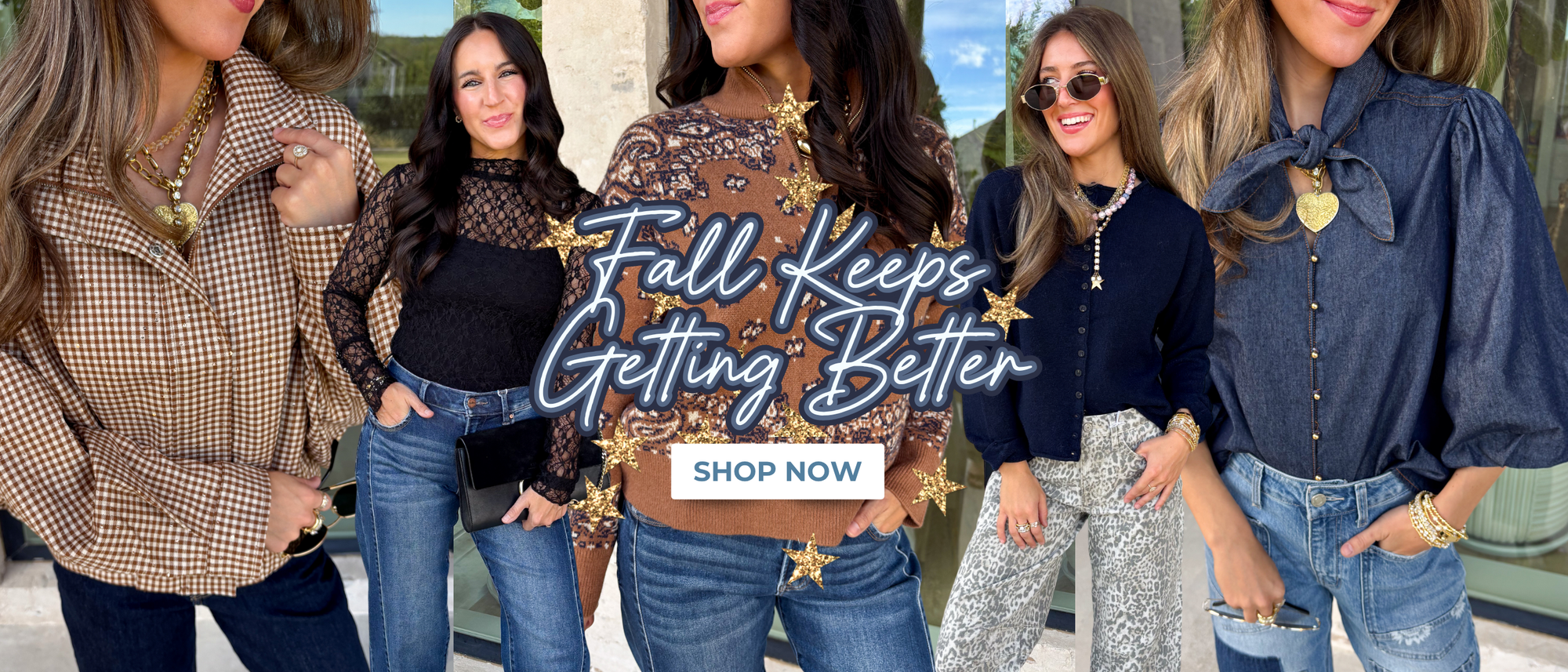 Fall keeps getting better! Shop now! 5 Fall outfits featuring colors in navy, cognac and black. Lots of textures and patterns; gingham, denim, lace, paisley and leopard. 