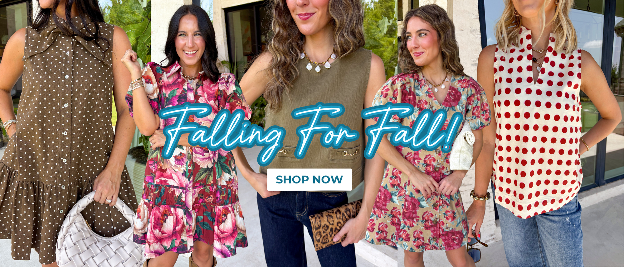 Falling for fall! Shop now! 5 fall outfits in red, pink, green, and brown hues!