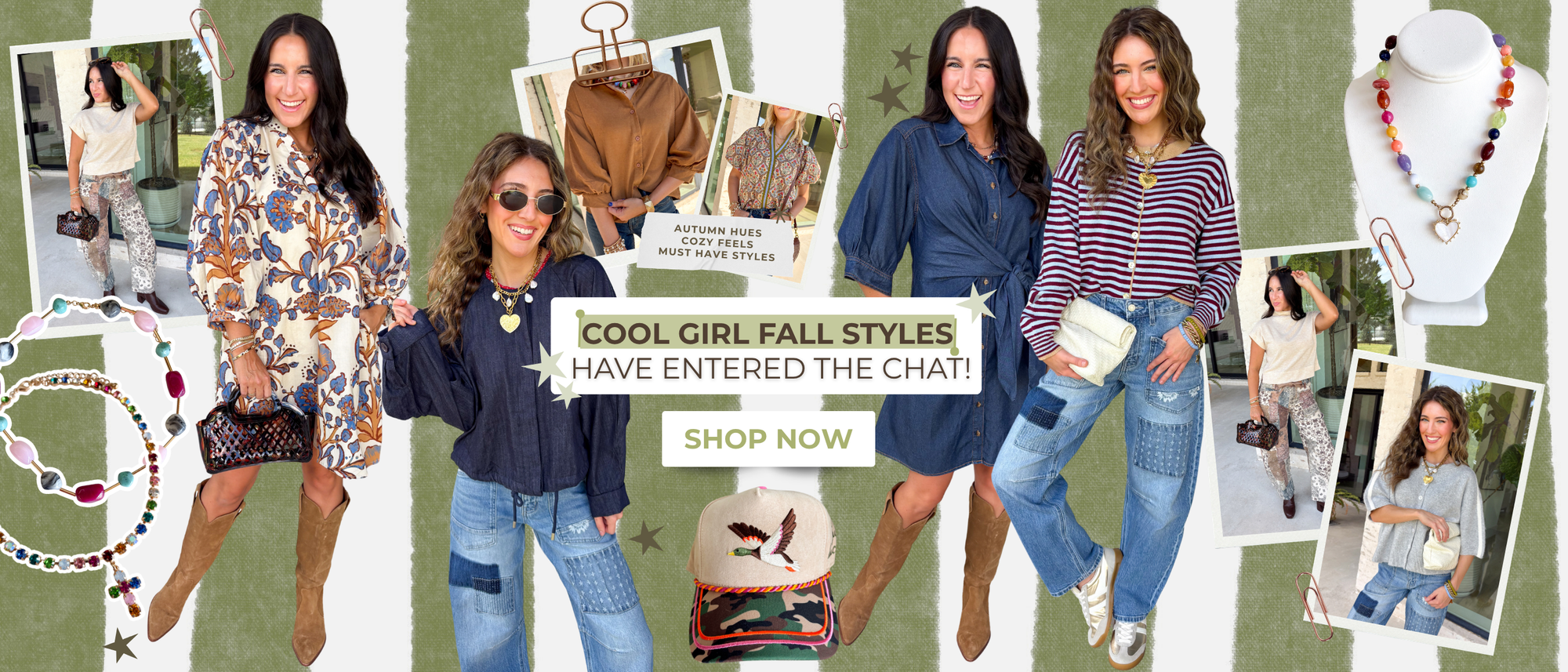 Cool girl fall styles have entered the chat! Shop now! Autumn Hues, Cozy Feels, and Must Have Style! Multiple fall styles featuring denim, dresses, and sweaters!