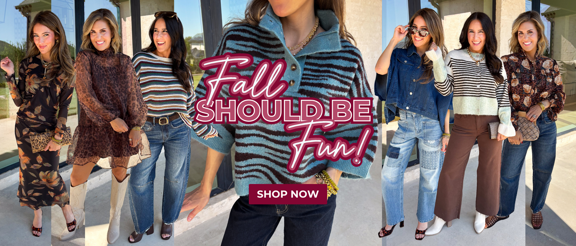 "fall should be fun!" "shop now" 7 fall outfits with a variety of prints from florals and stripes to leopard and zebra!