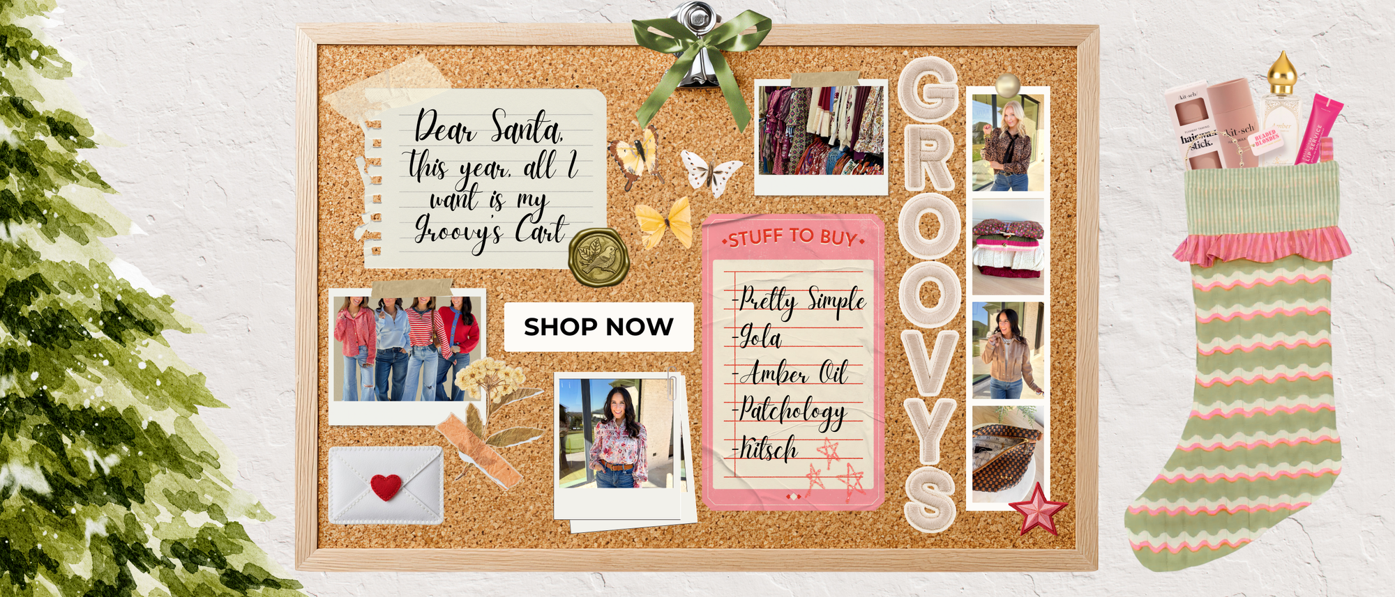 Cork board with multiple pictures and stickers on it, writing on the cork board "dear santa, this year, all i want is my groovy's cart" "pretty simple, gola, amber oil, patchology, kitsch" "shop now"
