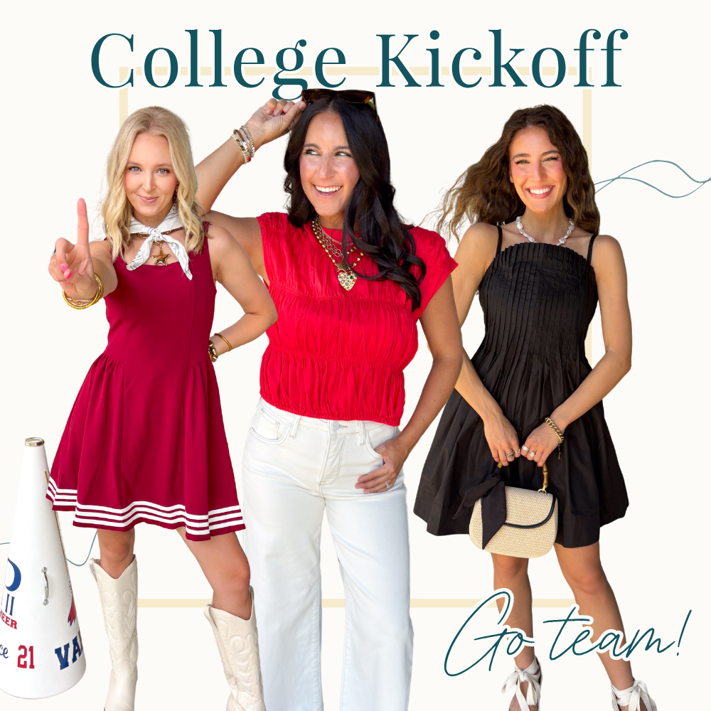 Three women posing together in casual outfits, with the text 'College Kickoff' at the top and 'Go team!' at the bottom right. The woman on the left wears a red cheerleader-style dress with white stripes and white cowboy boots, the center woman wears a bright red sleeveless top and white pants, and the woman on the right wears a black sleeveless dress and holds a beige handbag.