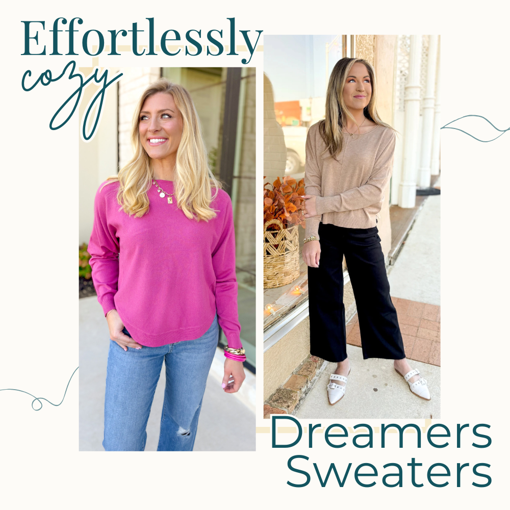 Effortlessy Cozy Dreamers Sweaters - Models wearing 2 different styles of Dreamers sweater in shades of taupe and pink styled with denim.