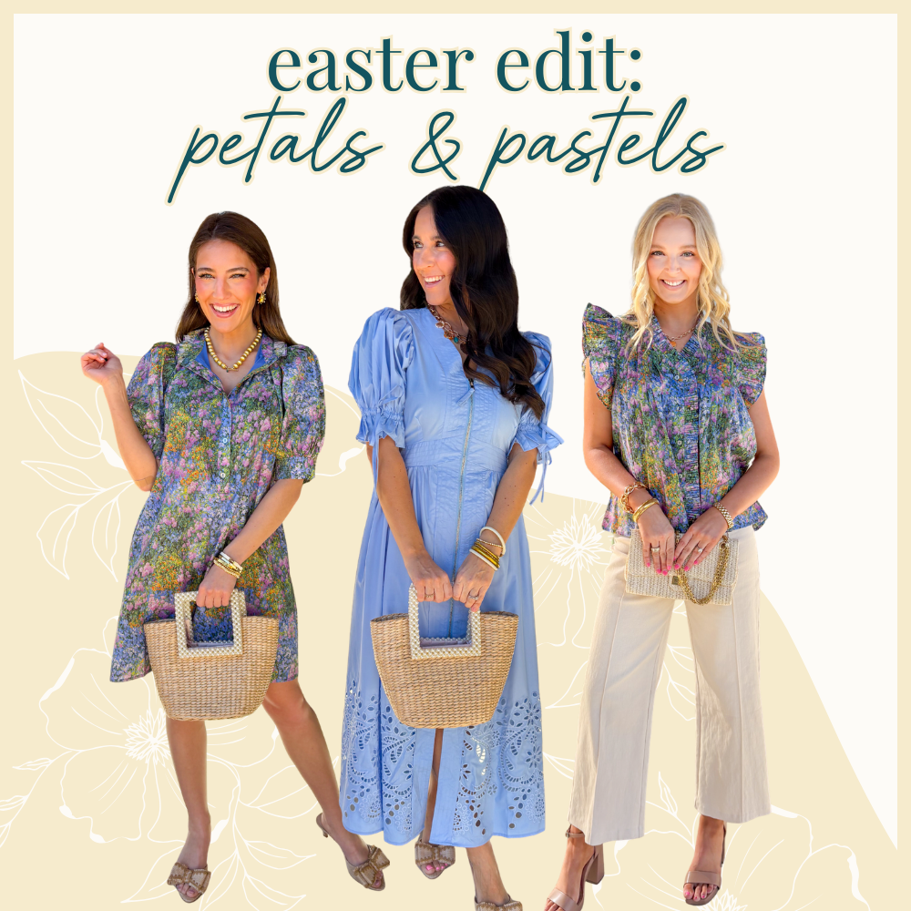 Easter Edit: Petals & Pastels. Models wearing a variety of styles inspired by Easter including a watercolor printed mini dress in blues, greens, yellows and purples. The same print in a blouse and off white pants. A midi dress in light blue with a zipper front, eyelet design at bottom of skirt, 3/4 sleeves with bow, elastic and ruffle detail. 