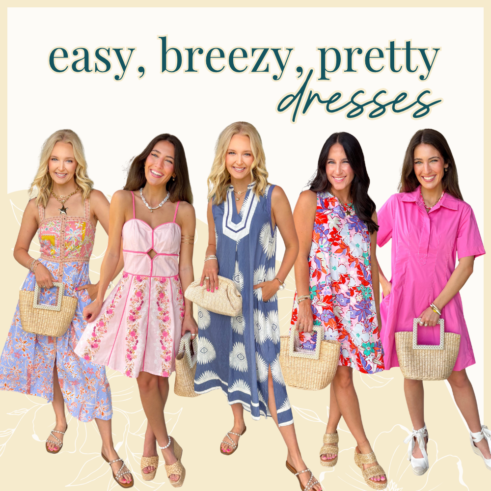 Easy, breezy, pretty dresses in summer colors that are sleeveless and short sleeves with florals prints and in solids.