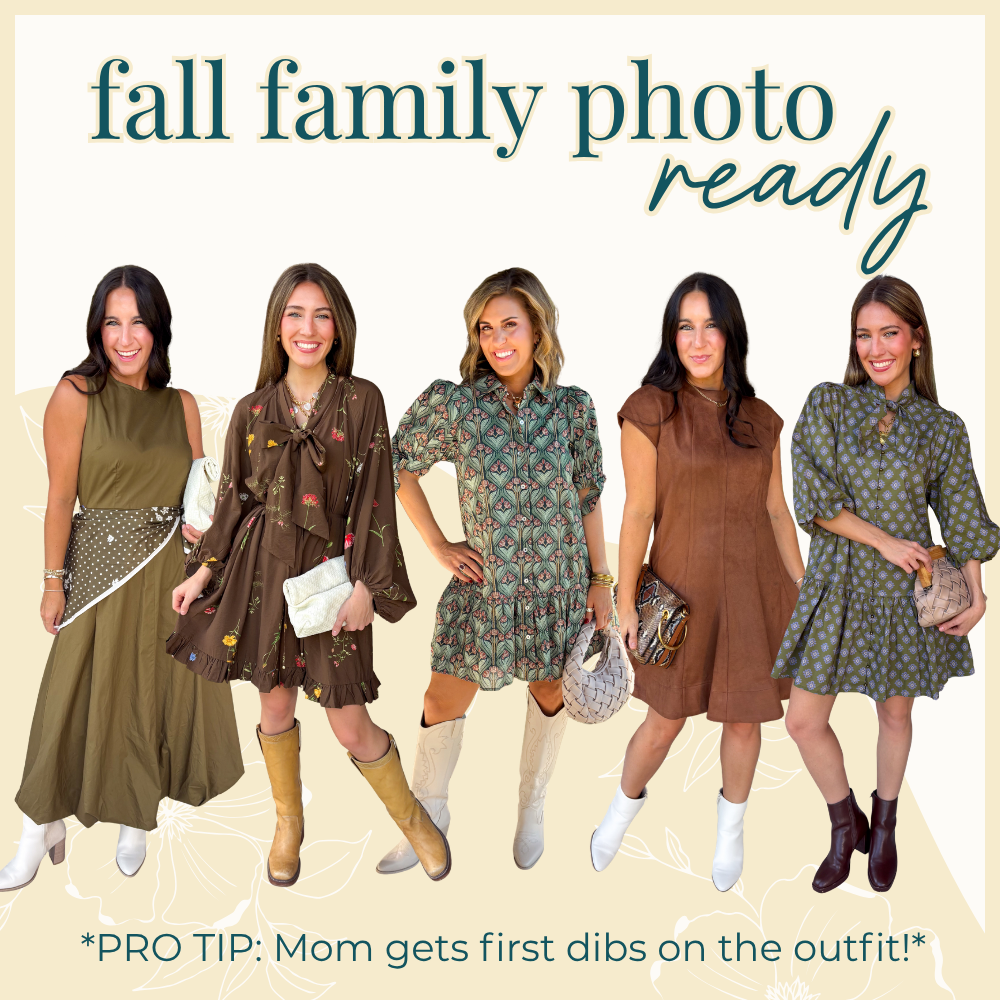 A graphic for a fall family photo outfit, featuring five women modeling different colorful patterned dresses against a cream background with the text 'fall family photo ready' and a 'PRO TIP: Mom gets first dibs on the outfit!' at the bottom. Dress styles are floral printed in fall colors.