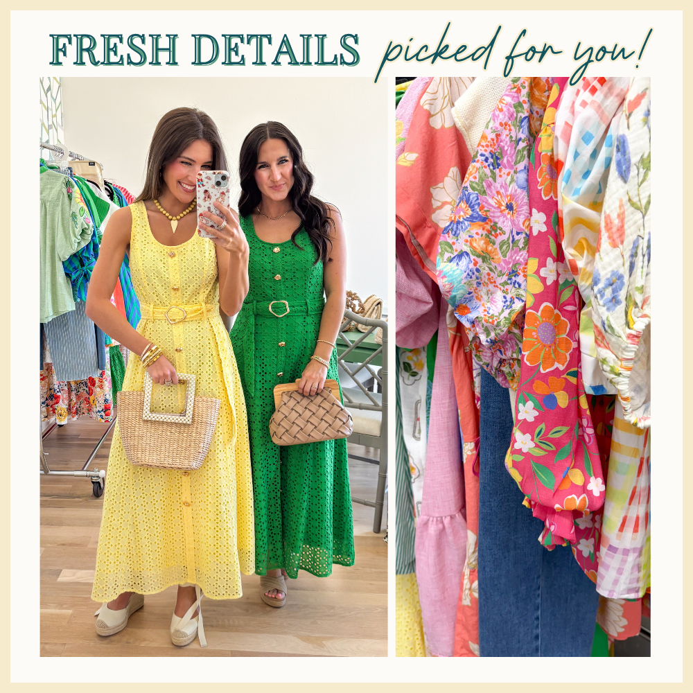 Models wearing eyelet styled dresses in yellow and green. Rack featuring floral prints and more!