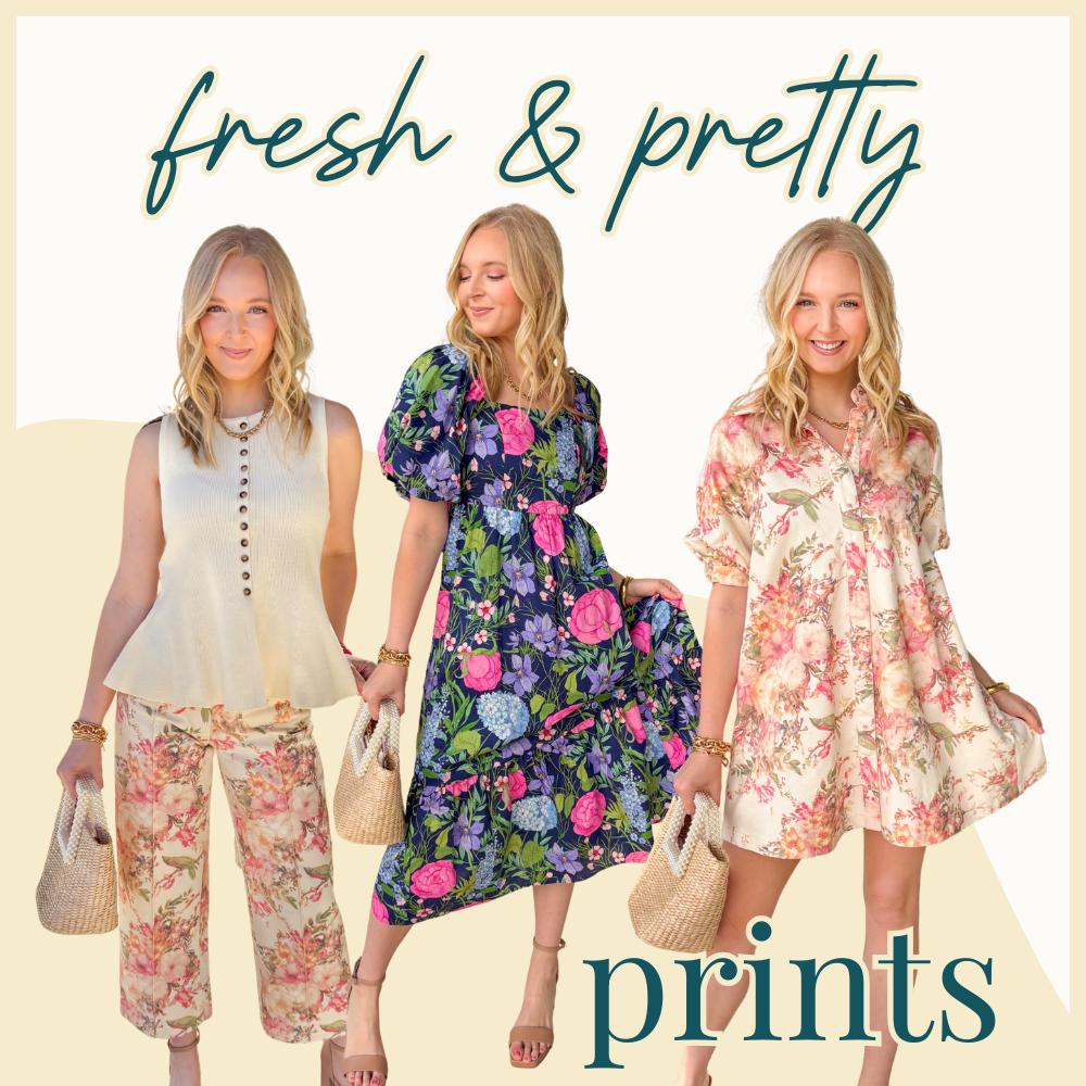 Three women wearing floral printed dresses and an outfit with floral printed pants with text 'fresh & pretty prints' on a beige background.