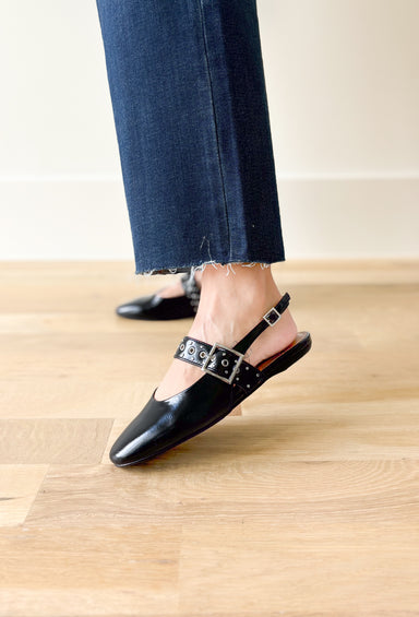 Fruity Mary Jane Flats, shiny black ballet flat with black strap over the top of the foot with silver details 