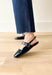 Fruity Mary Jane Flats, shiny black ballet flat with black strap over the top of the foot with silver details 