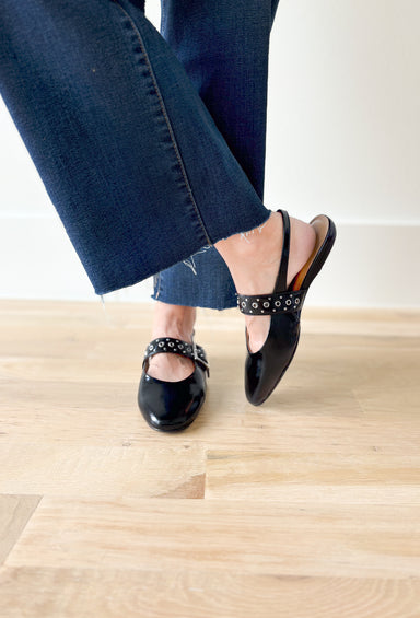 Fruity Mary Jane Flats, shiny black ballet flat with black strap over the top of the foot with silver details 