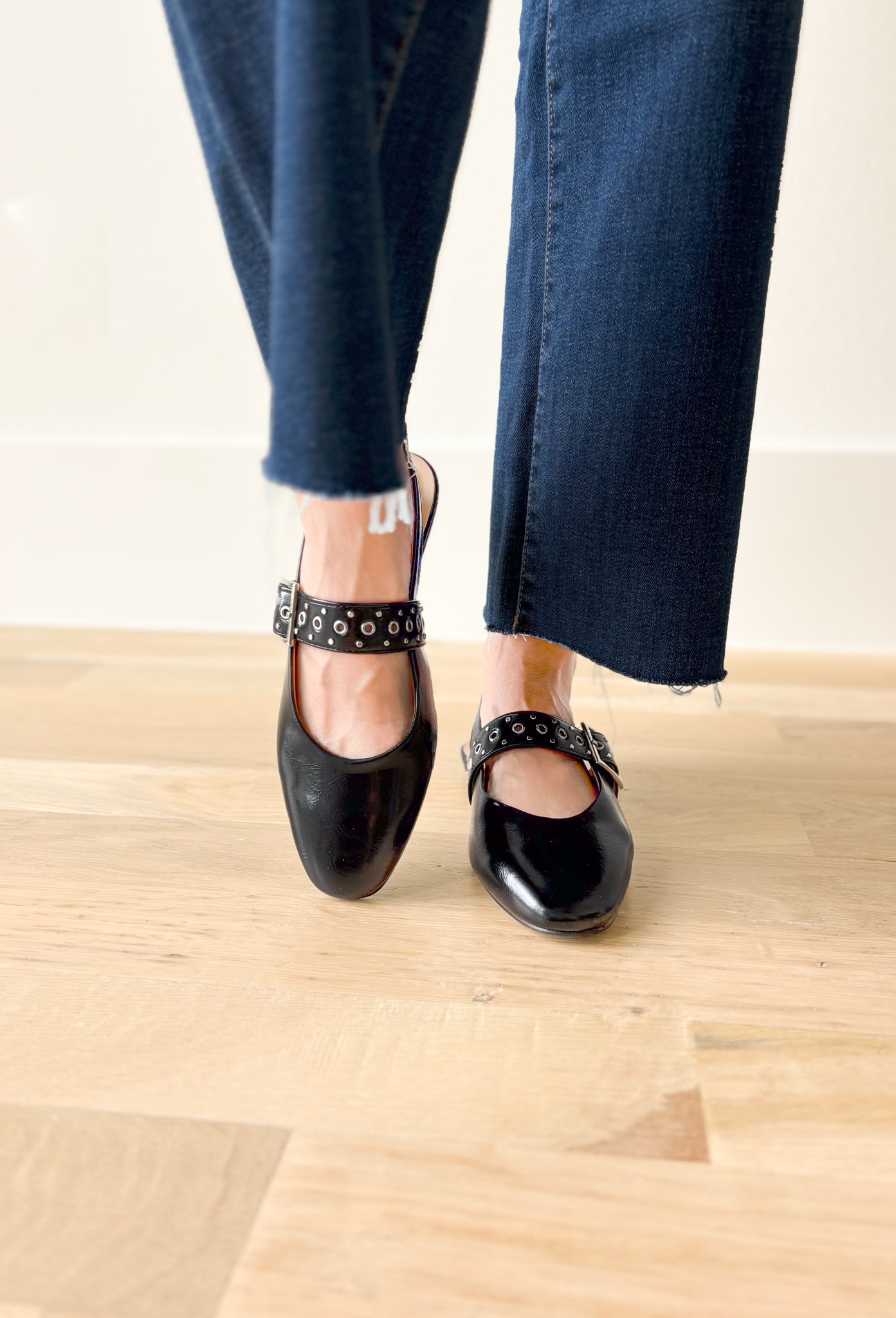 Fruity Mary Jane Flats, shiny black ballet flat with black strap over the top of the foot with silver details 