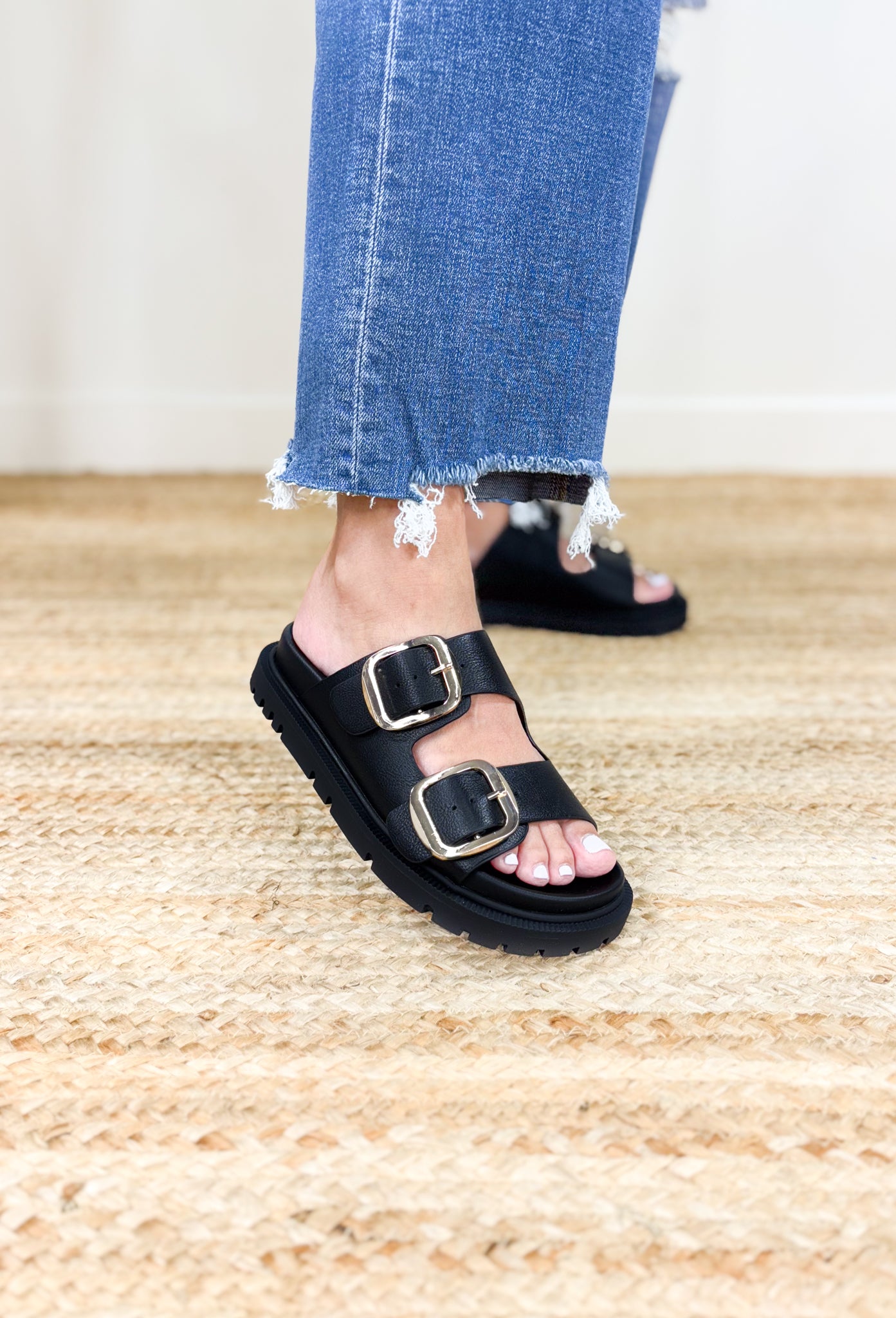 Gen Sandals in Black, thick sole 2 strap sandal with gold buckle 