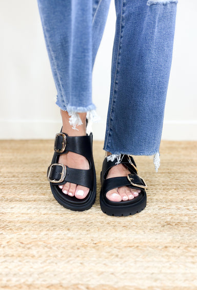 Gen Sandals in Black, thick sole 2 strap sandal with gold buckle 