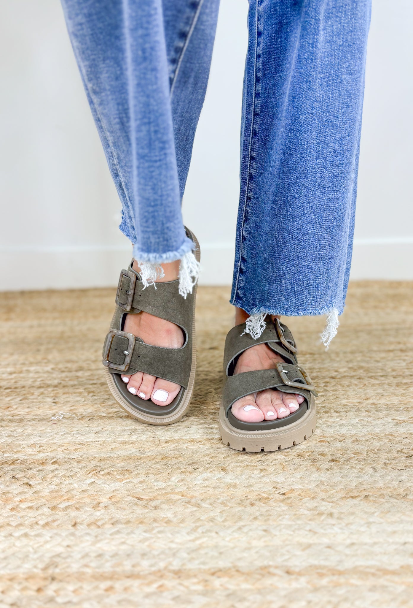 Gen Sandals in Khaki, taupe thick sole 2 strap sandal in olive with tortoise buckle 