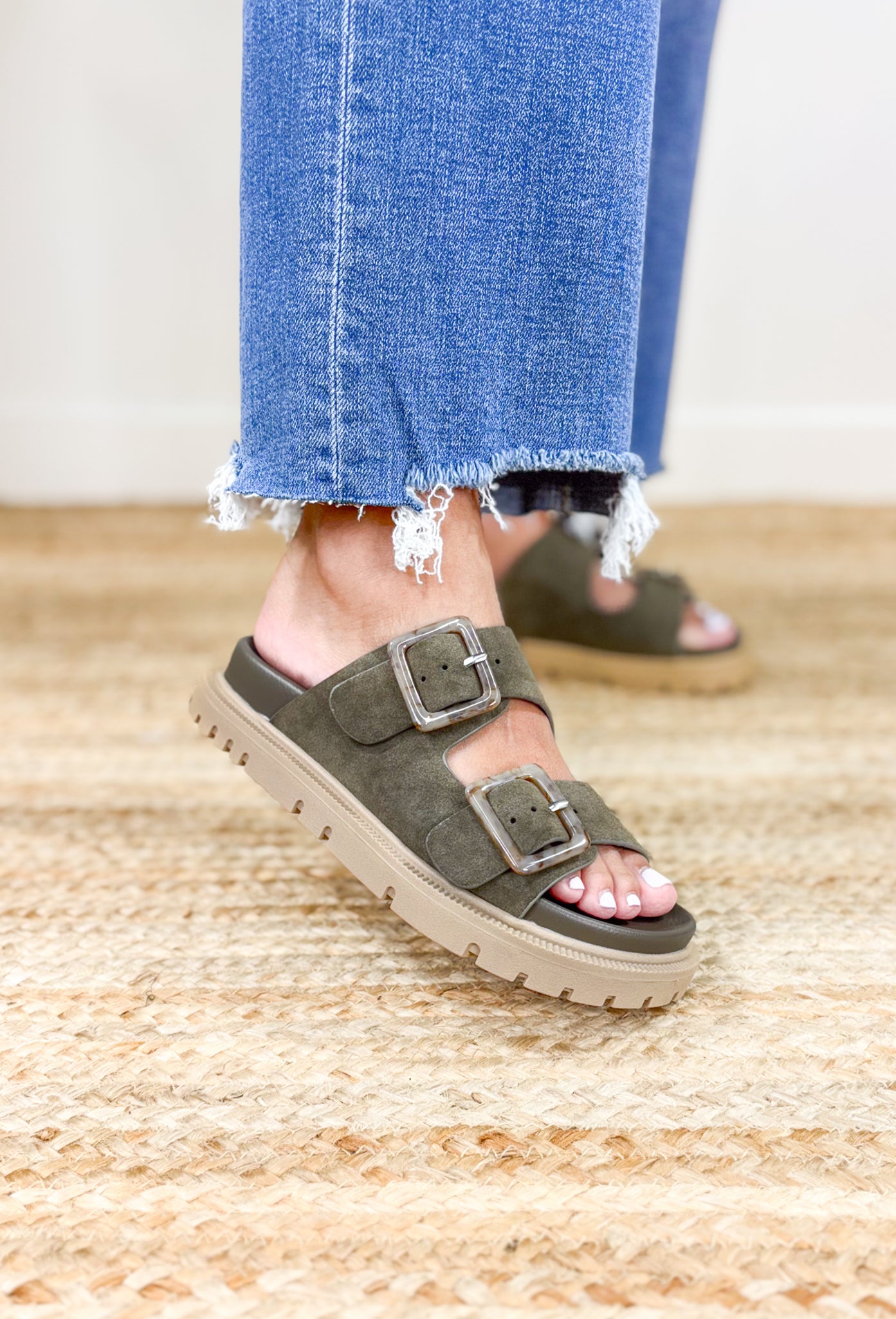 Gen Sandals in Khaki, taupe thick sole 2 strap sandal in olive with tortoise buckle 