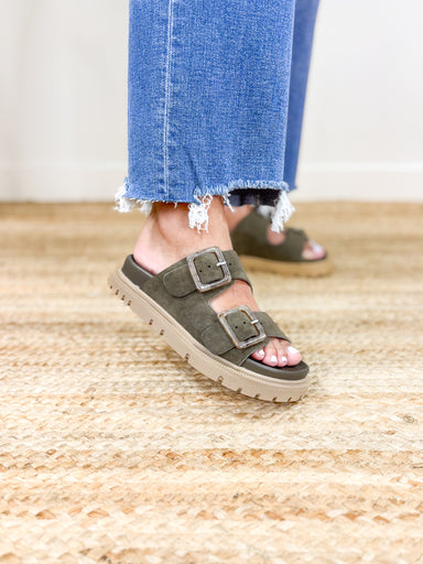 Gen Sandals in Khaki, taupe thick sole 2 strap sandal in olive with tortoise buckle 