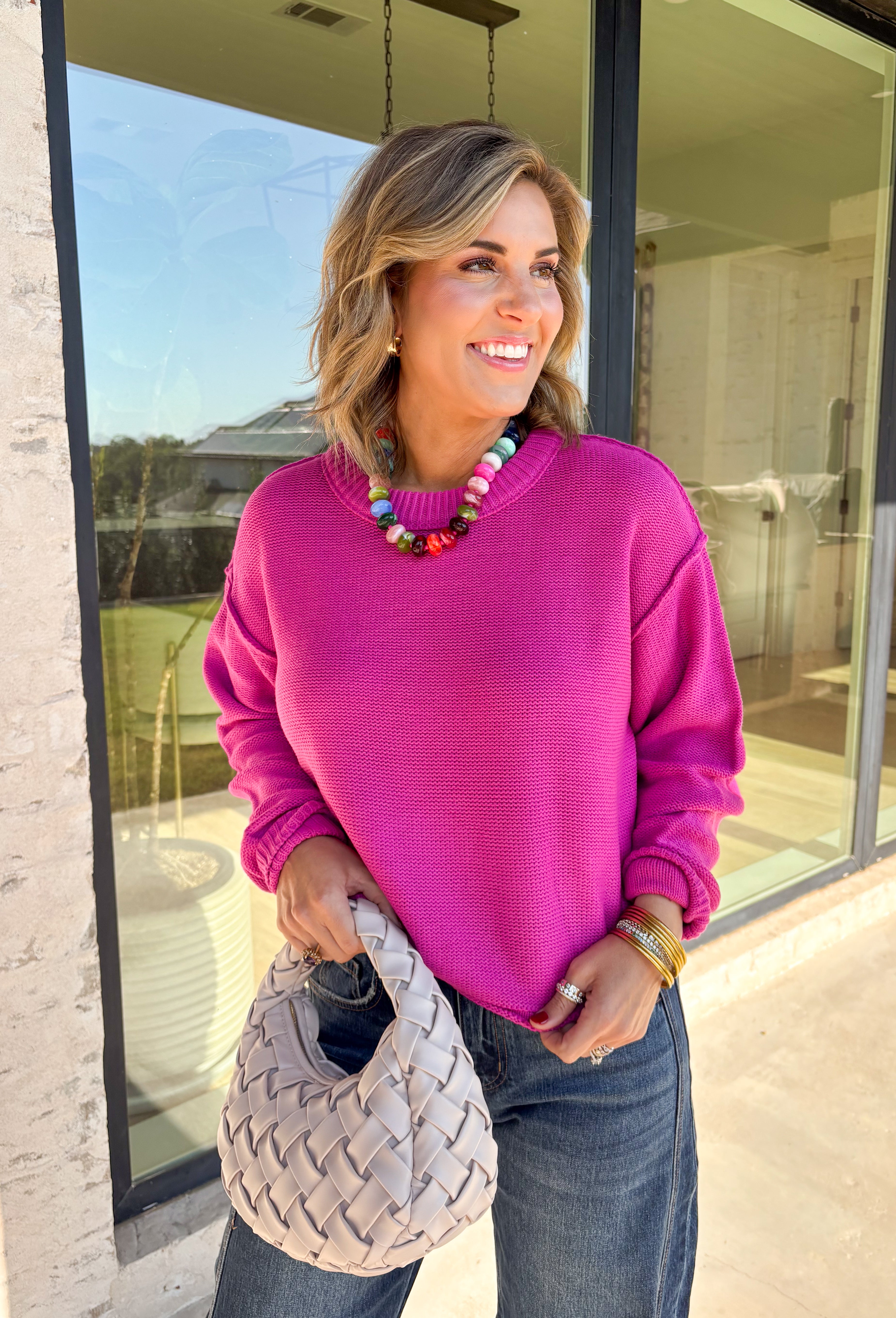 Nothing says cozy season like a classic fuchsia sweater, and this timeless knit from Double Zero is one you'll reach for again and again. Designed in a fuchsia hue, this effortlessly versatile sweater features exposed seam detailing that adds a modern touch to its classic silhouette. Ribbed trim at the neckline and cuffs provides a polished finish, while the soft knit construction keeps you warm and comfortable all day long.