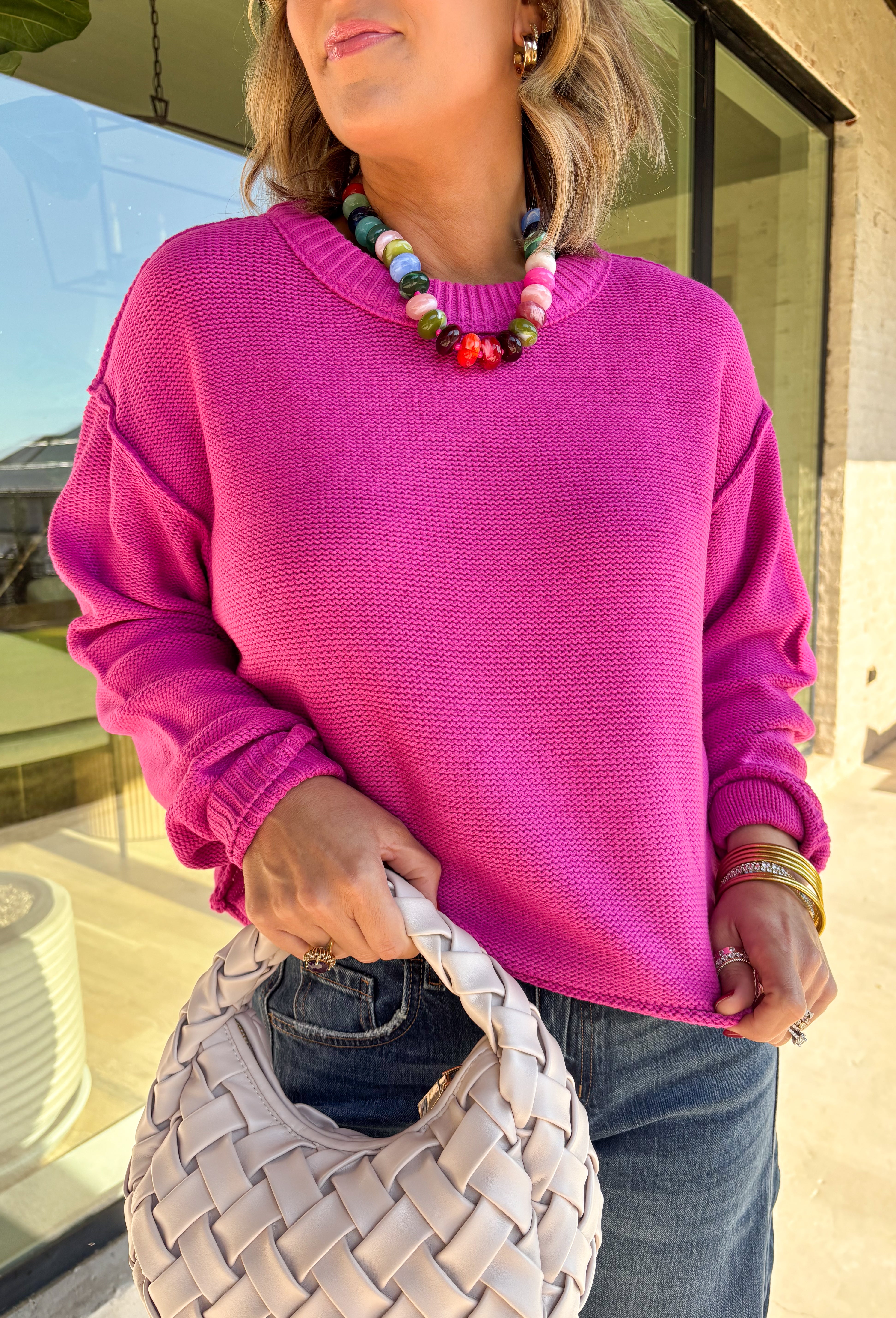 Nothing says cozy season like a classic fuchsia sweater, and this timeless knit from Double Zero is one you'll reach for again and again. Designed in a fuchsia hue, this effortlessly versatile sweater features exposed seam detailing that adds a modern touch to its classic silhouette. Ribbed trim at the neckline and cuffs provides a polished finish, while the soft knit construction keeps you warm and comfortable all day long.