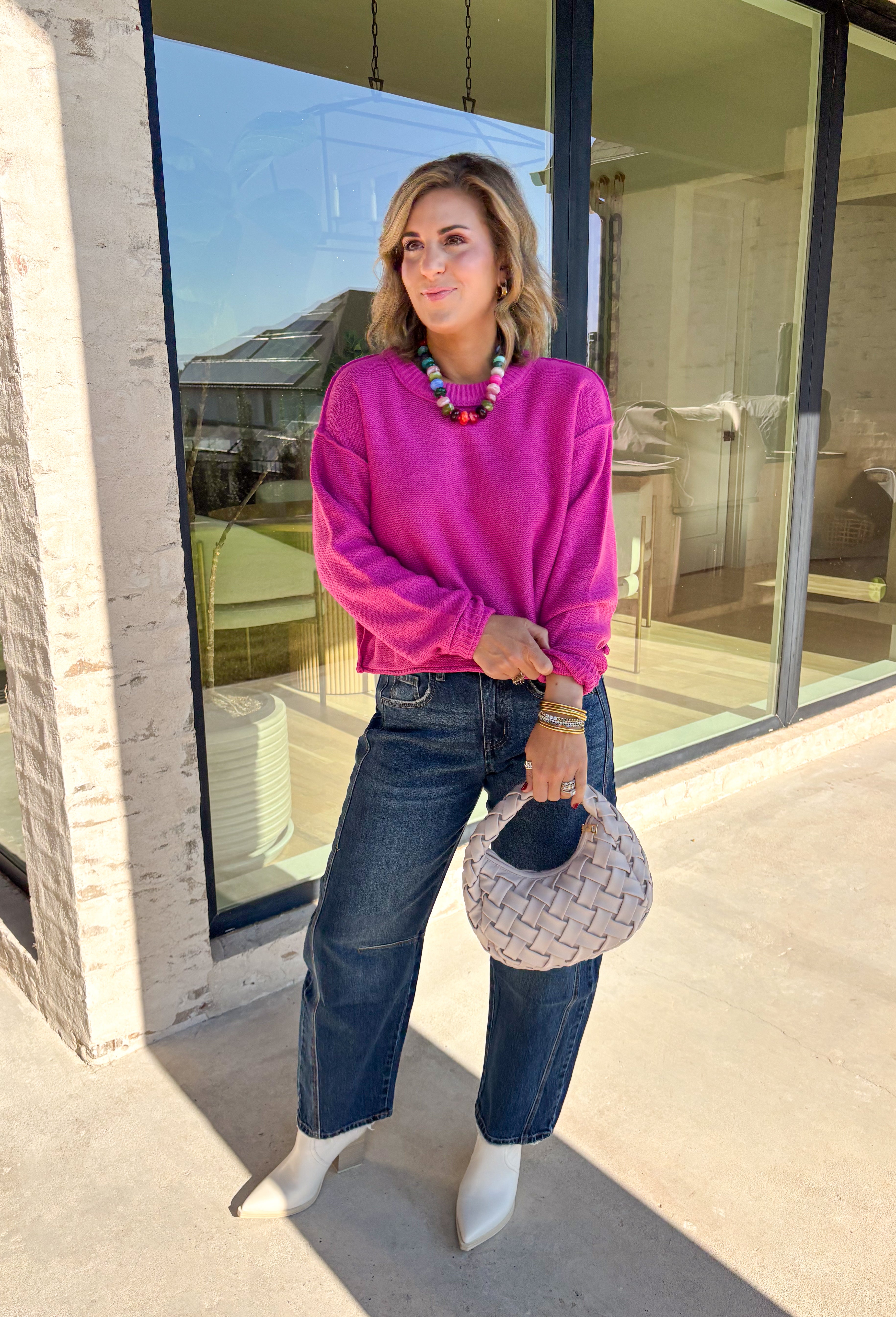 Nothing says cozy season like a classic fuchsia sweater, and this timeless knit from Double Zero is one you'll reach for again and again. Designed in a fuchsia hue, this effortlessly versatile sweater features exposed seam detailing that adds a modern touch to its classic silhouette. Ribbed trim at the neckline and cuffs provides a polished finish, while the soft knit construction keeps you warm and comfortable all day long.