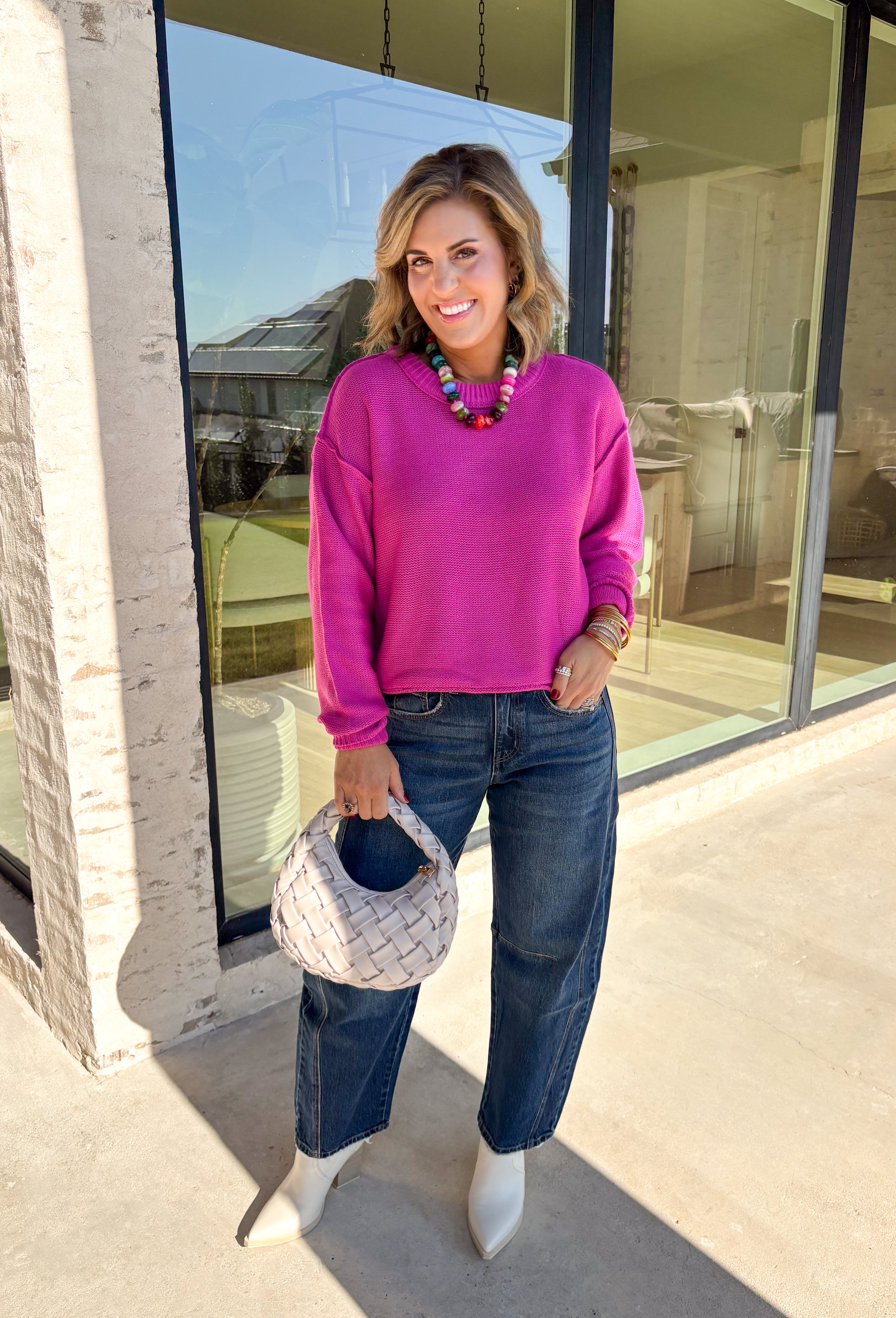 Nothing says cozy season like a classic fuchsia sweater, and this timeless knit from Double Zero is one you'll reach for again and again. Designed in a fuchsia hue, this effortlessly versatile sweater features exposed seam detailing that adds a modern touch to its classic silhouette. Ribbed trim at the neckline and cuffs provides a polished finish, while the soft knit construction keeps you warm and comfortable all day long.