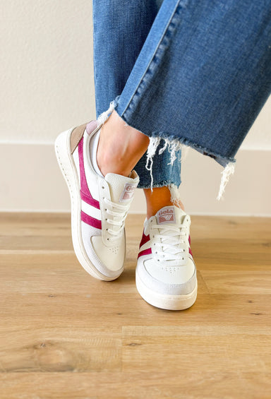 Gola Grandslam Trident Sneakers in Chalk Pink, white sneaker with light grey suede around the toe, hot fuchsia stripes, taupe on the heel, and a faded blush on the top of the heel 