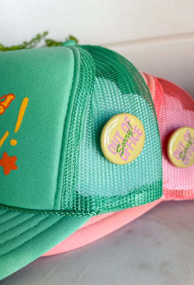 All the good vibes in one hat! This green trucker hat features “Have A Nice Day!” in a warm mustard tone, surrounded by playful orange and mustard butterflies and star details for the happiest little pop of personality. A small yellow button on the side that reads “Sorry Out of Office” adds a fun, laid-back touch that makes this hat even more unique. With a breathable mesh backing and adjustable fit, it’s perfect for sunny days, weekend plans, or anytime you're in your carefree era.