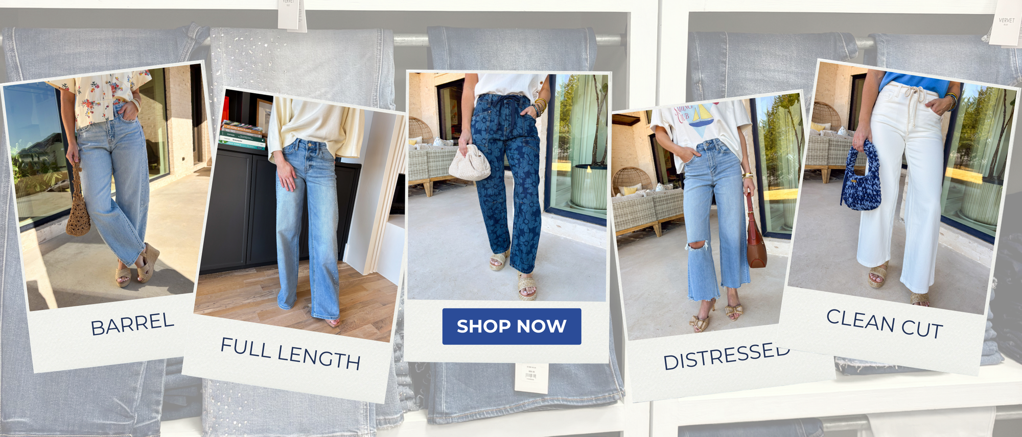 Denim feature page, 5 polaroid images of different denim styles. Barrel, full length, distressed, clean cut