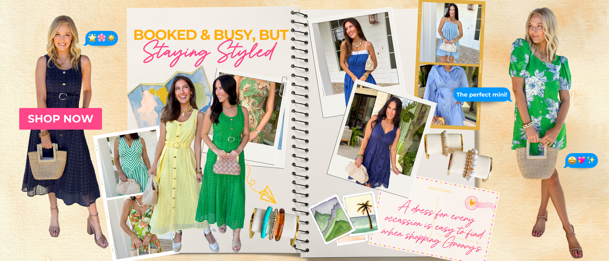 Booked & Busy, but Staying Styled! A dress for every occasion is easy to find when shopping Groovy's! Multiple spring styled dresses on a journal background with yellow watercolored paper behind it 