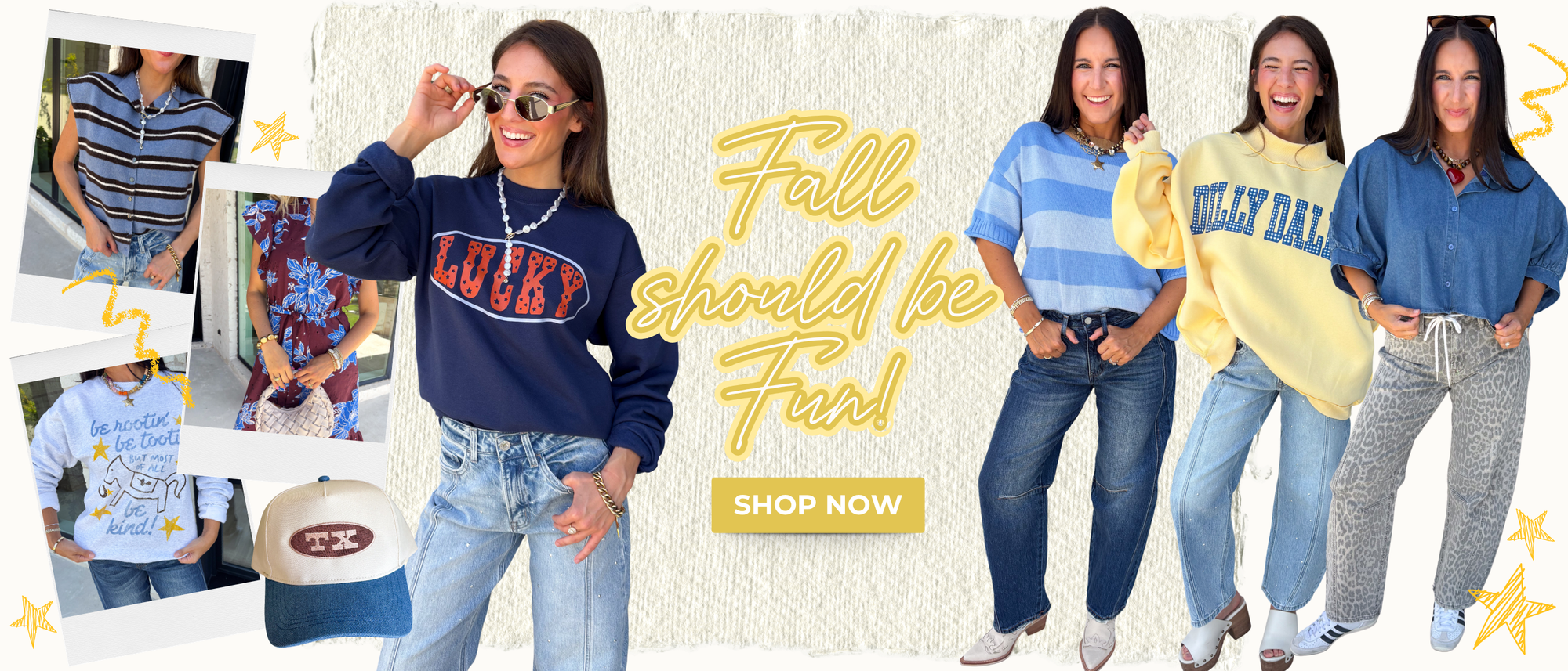 Fall should be fun! Shop now! 7 blue and yellow fall styles on a canvas background