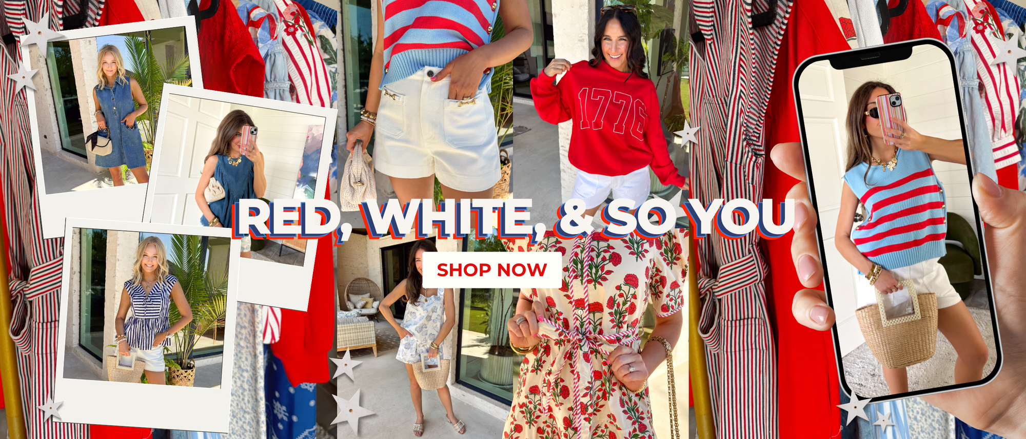 Red, white, and so you! Shop now!
Multiple red, white and blue outfits in styles ranging from tops to dresses! Lots of patterns like stripes, shells, floral and more!