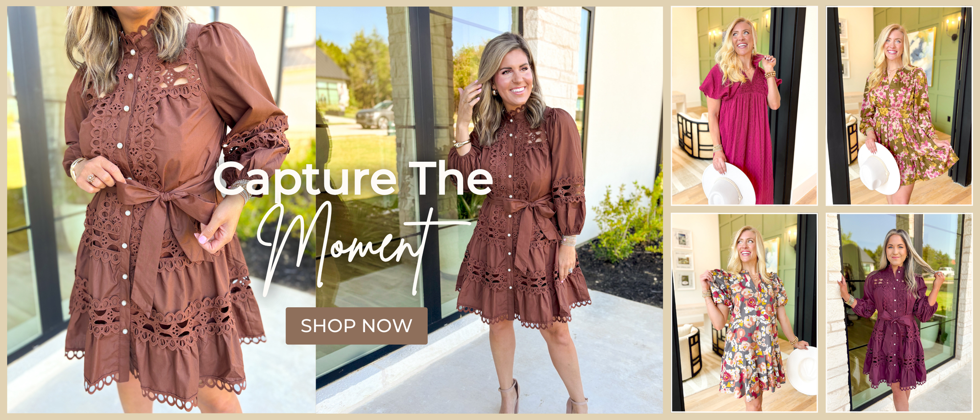 Multiple dress images, one brown lace dress, one magenta dress, one olive floral dress, one grey floral dress, and one merlot lace dress, text "capture the moment" and text box "shop now"