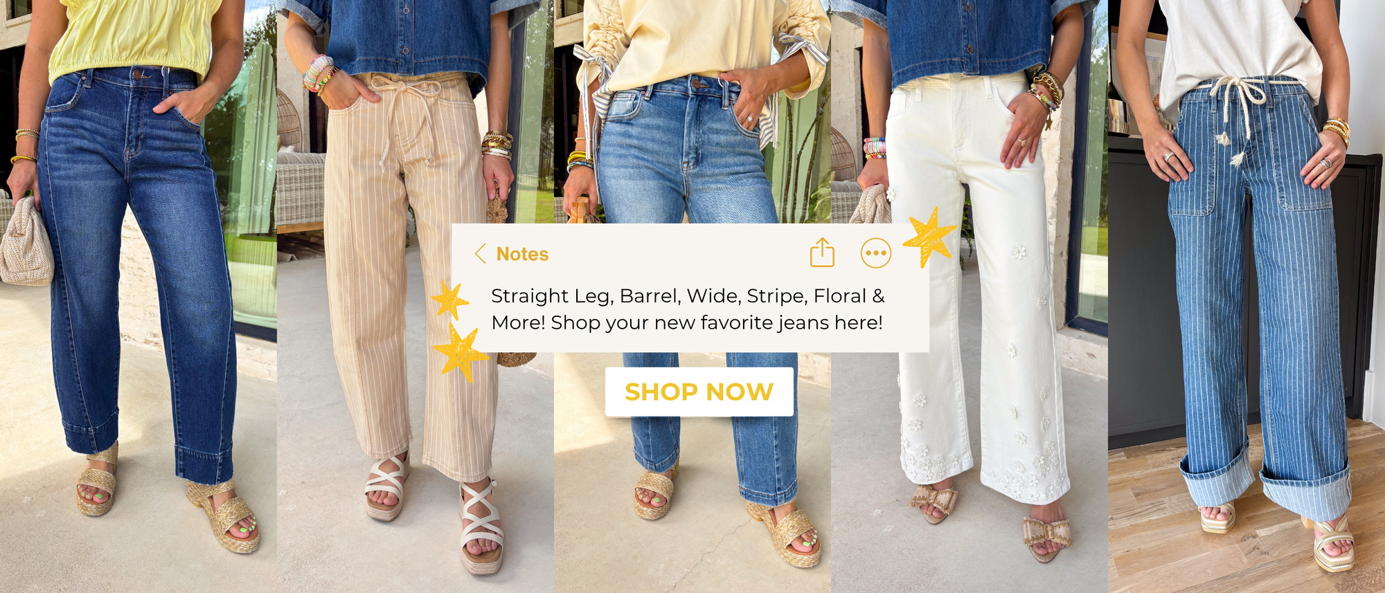 Denim feature page, 5 images of different denim styles. Barrel, full length, front seam, pattern, floral, clean