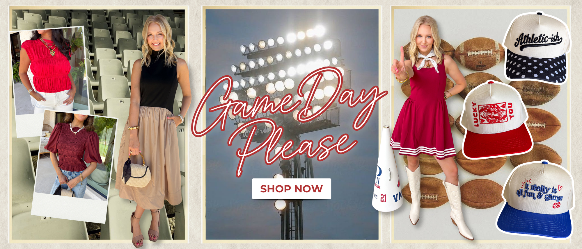 Game Day Please! Shop Now! Featuring outfits and accessories that you can wear on game day overlaying game day scenery