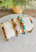 Add a touch of color and shine to your look with this gold bracelet featuring turquoise stones all around. Designed in a pull-on style for easy wear, it’s lightweight, versatile, and the perfect finishing piece for both casual and dressier outfits. With its timeless mix of gold and turquoise, this bracelet is one you’ll reach for season after season.