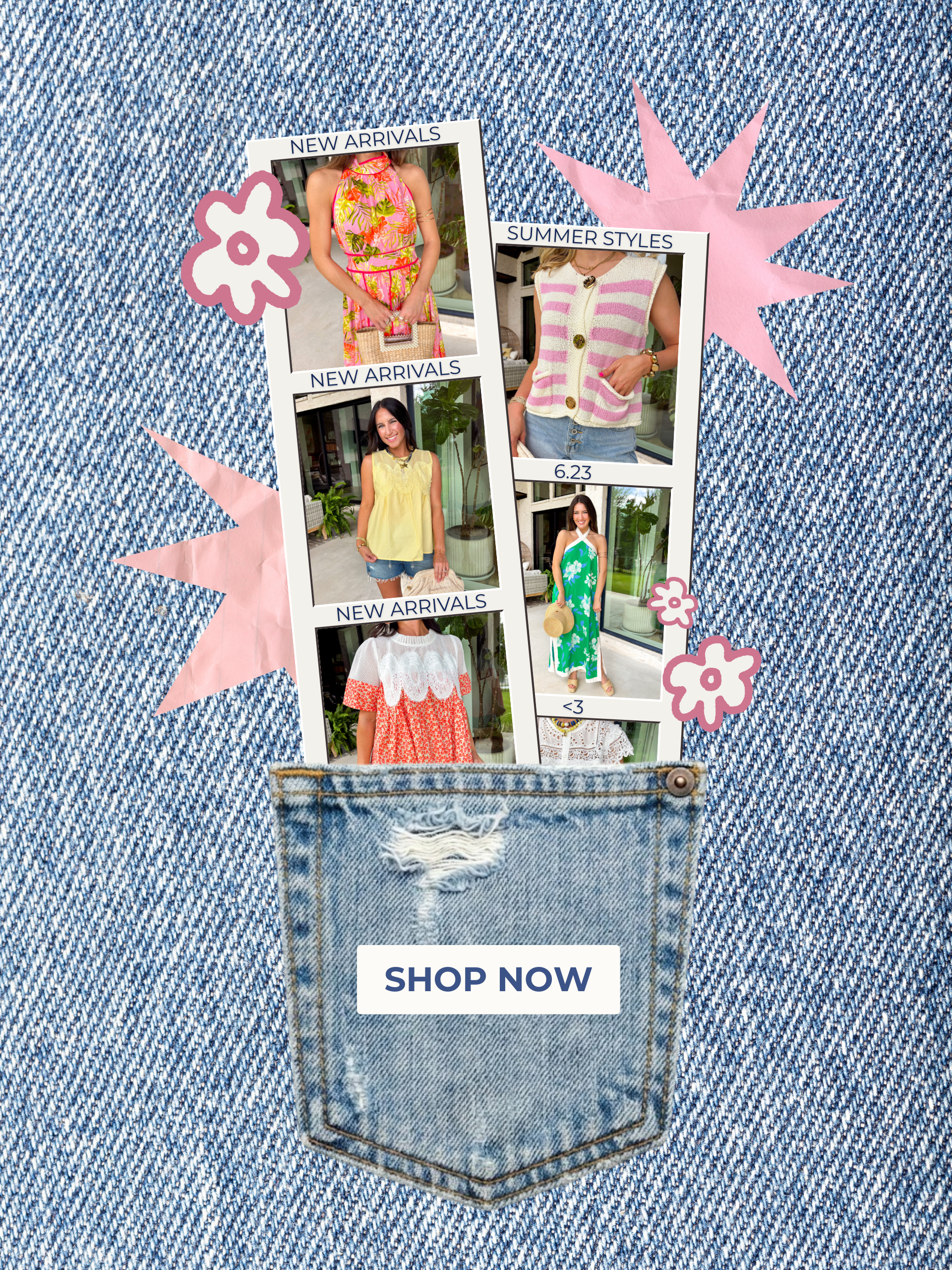 denim background:  "shop now"  one denim pocket with photo strips tucked in 
