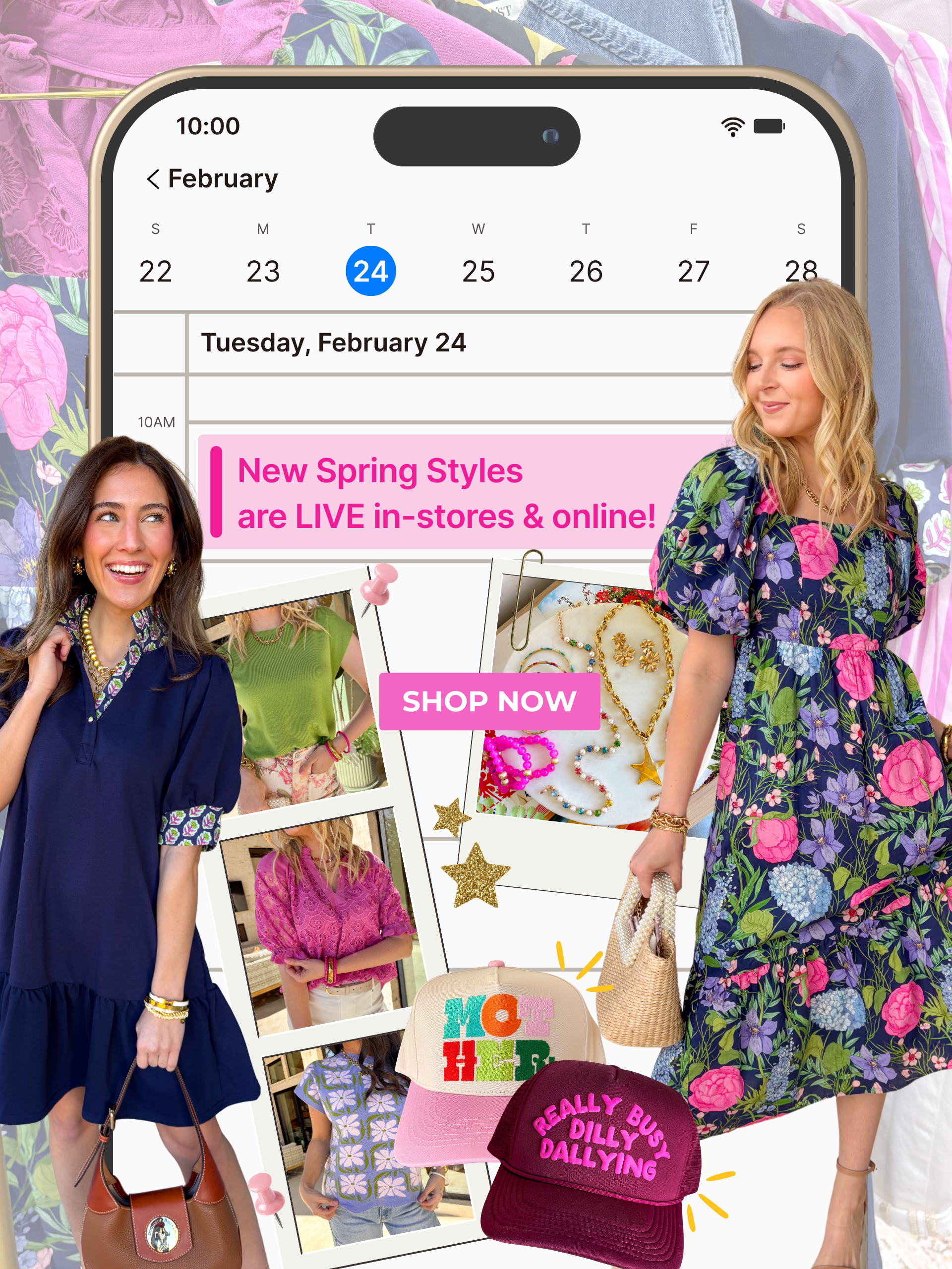 "New Spring Styles are LIVE in-stores & online!" "shop now" 2 spring colored outfits with floral and stripe prints! Lots of fun and bright colors with accessories like necklaces and trucker hats!