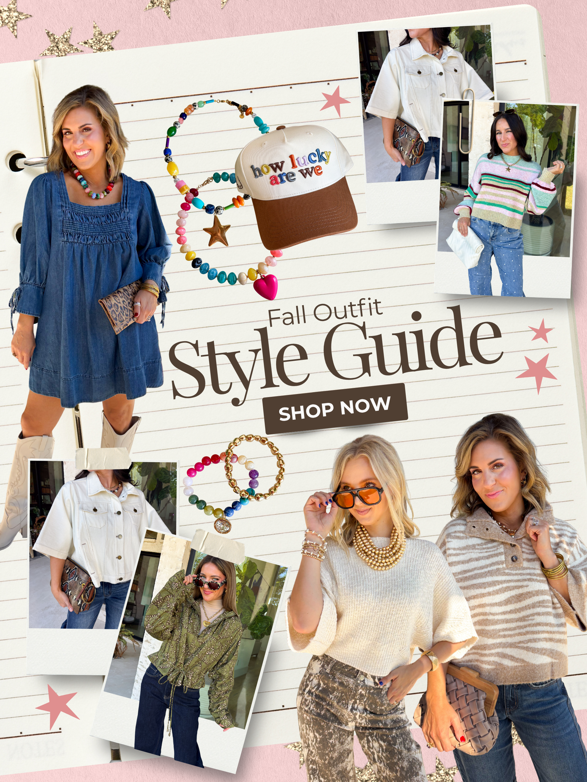 "fall outfit style guide" "shop now" multiple fall outfits in fun patterns and colors