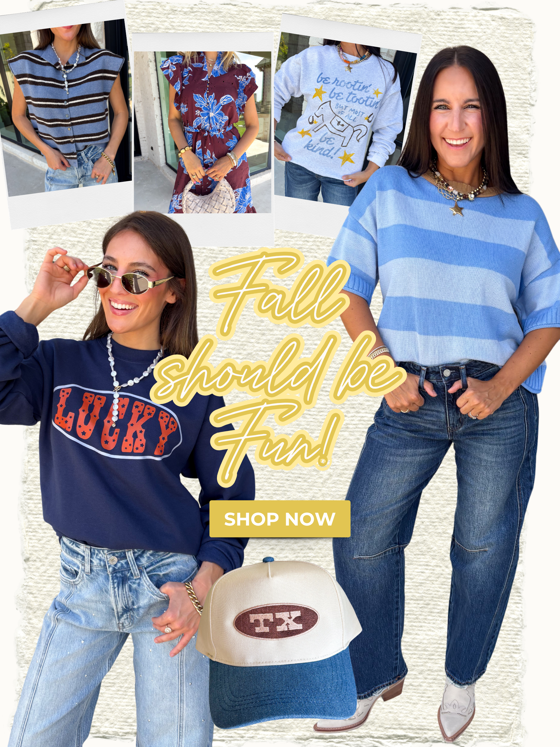 Fall should be fun! Shop now! 5 blue and yellow fall styles on a canvas background