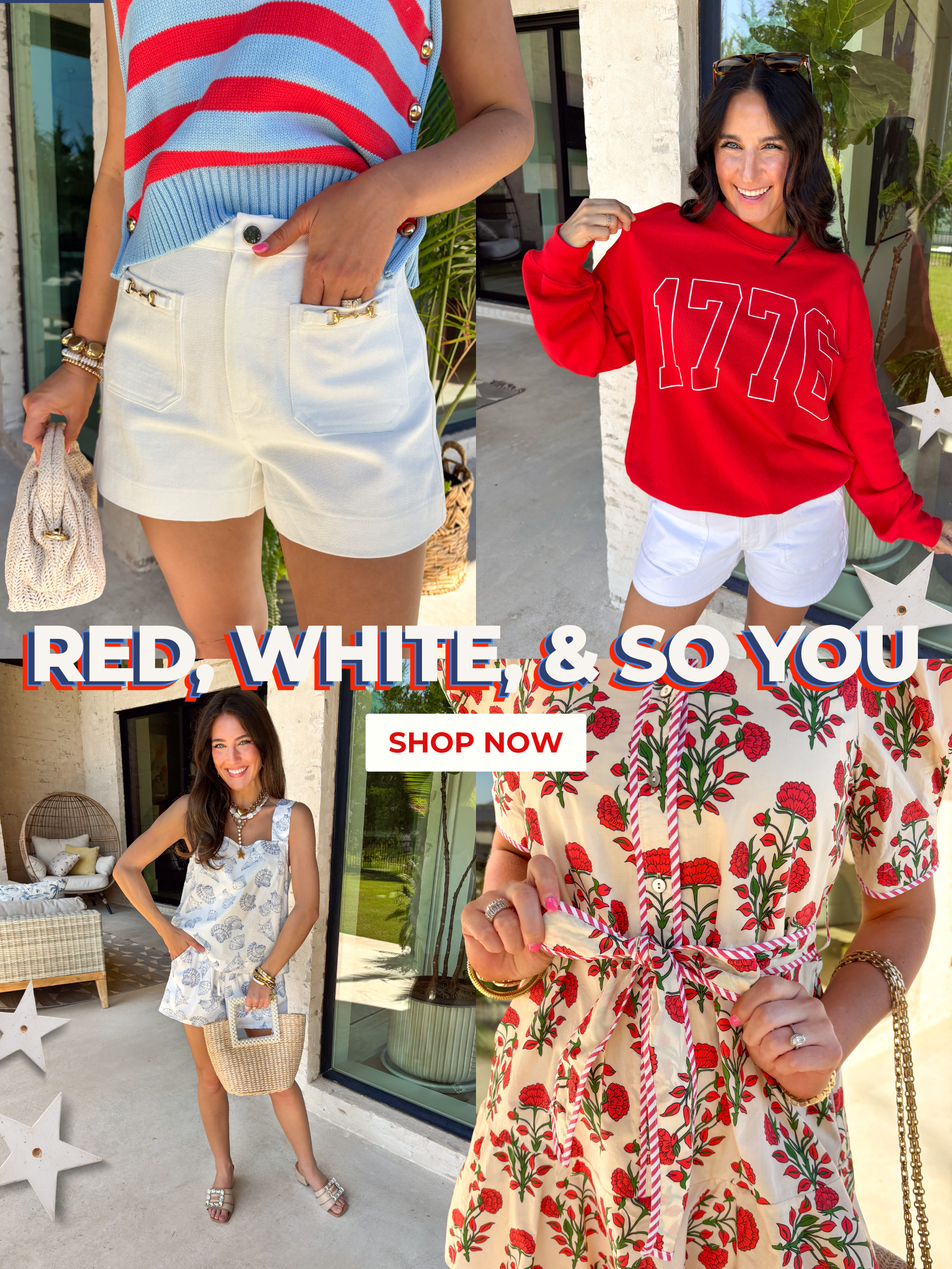 Red, white, and so you! Shop now!
Multiple red, white and blue outfits in styles ranging from tops to dresses! Lots of patterns like stripes, shells, floral and more!