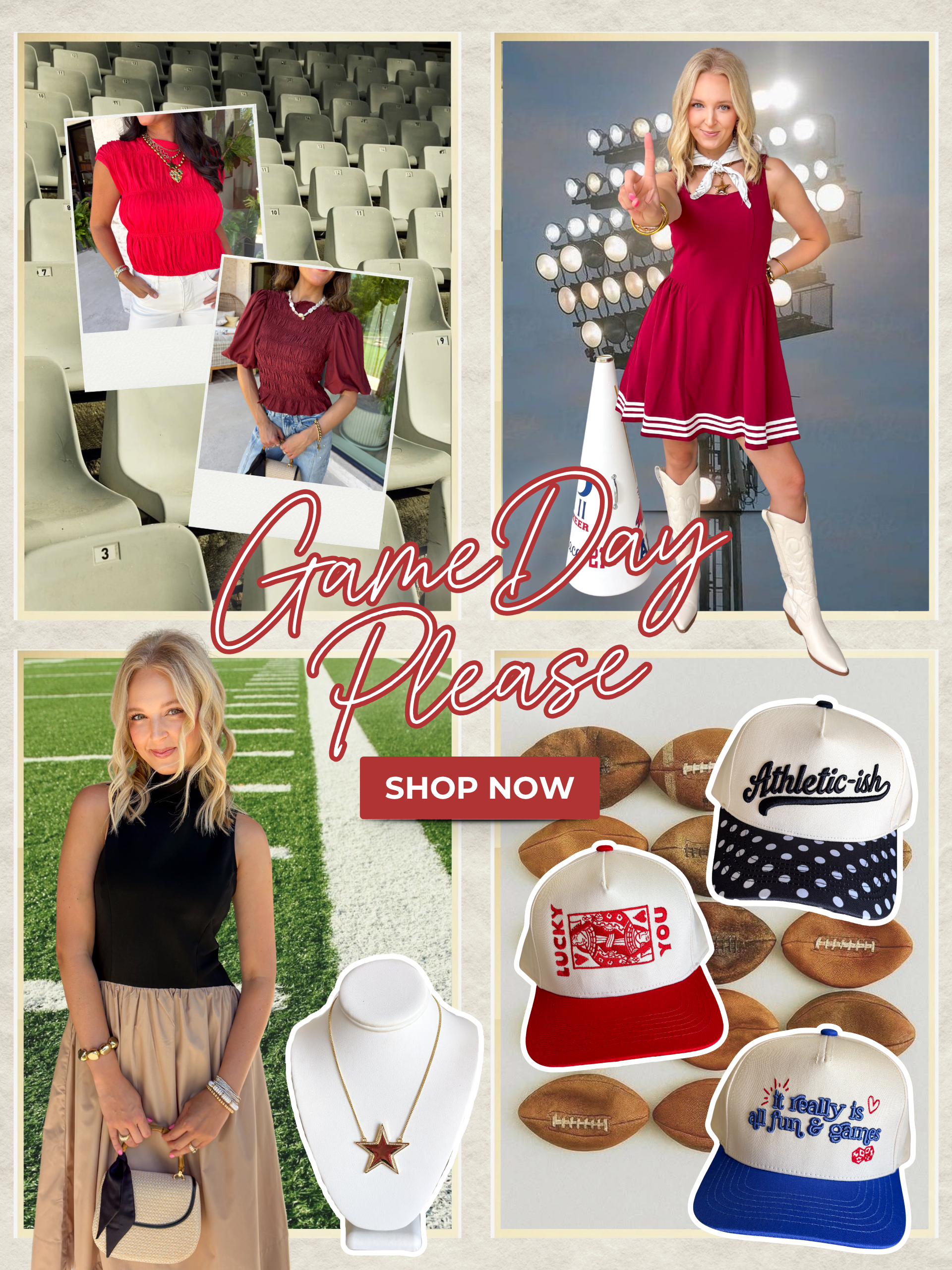 Game Day Please! Shop Now! Featuring outfits and accessories that you can wear on game day overlaying game day scenery