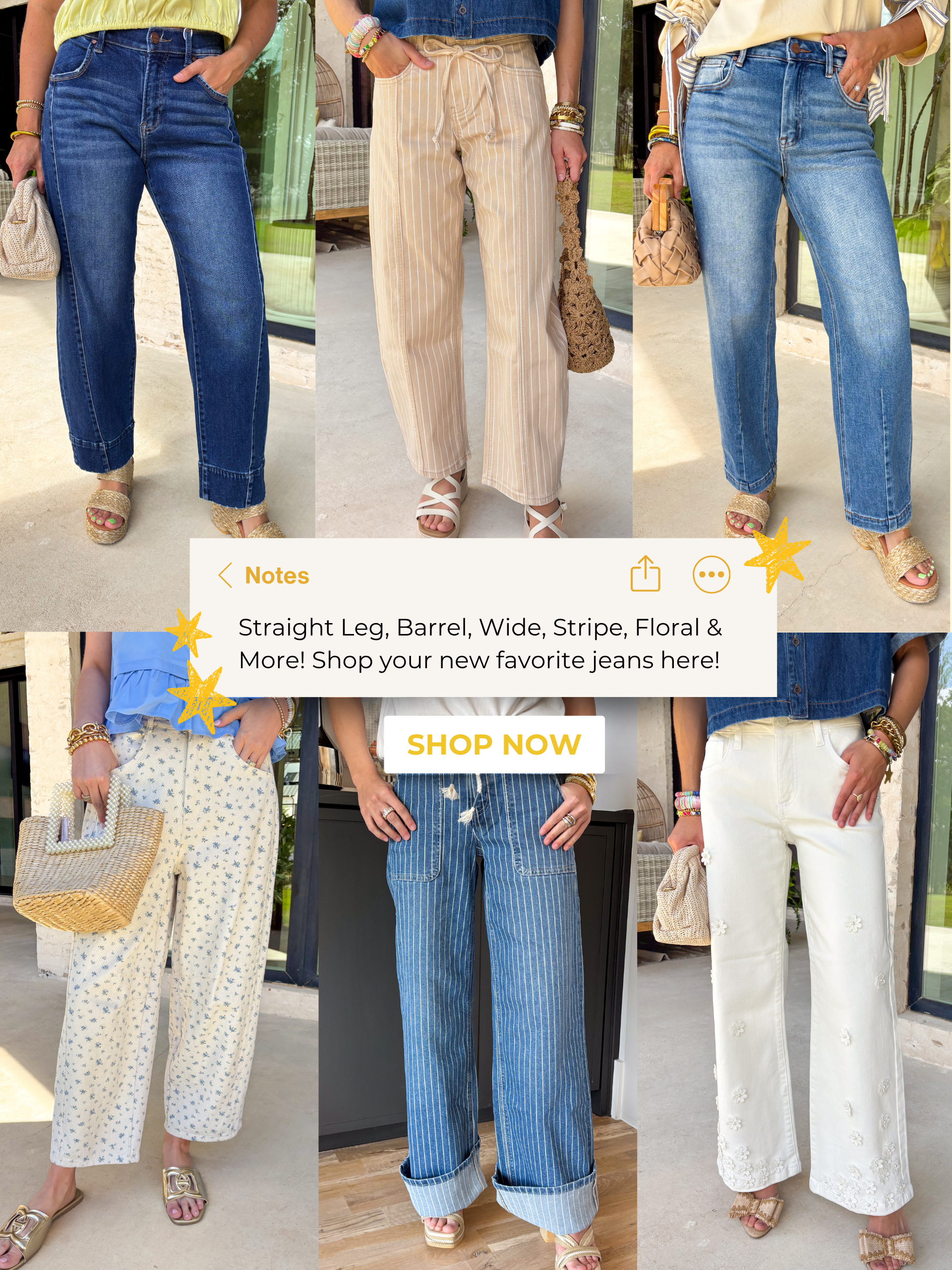 Denim feature page, 6 images of different denim styles. Barrel, full length, front seam, pattern, floral, clean