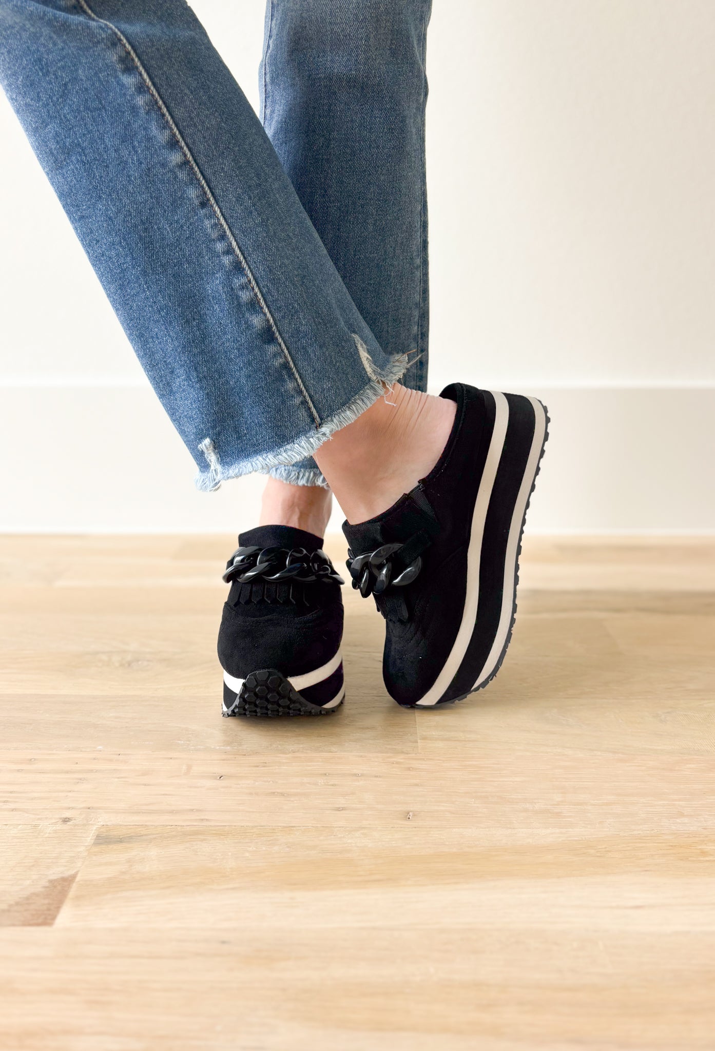 Paloma Platform Loafers, black platform loafer with black acrylic chainlink on the top of the loafer, platform is black and white striped