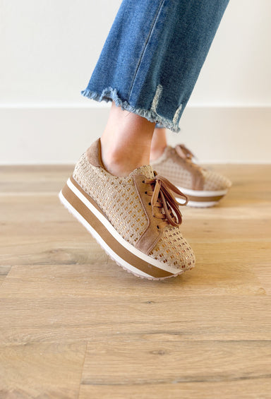 Paloma Platform Sneaker in Taupe, textured taupe platform sneaker, suede  taupe on the heel and center of the shoe, white and taupe striped platform 