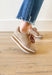 Paloma Platform Sneaker in Taupe, textured taupe platform sneaker, suede  taupe on the heel and center of the shoe, white and taupe striped platform 